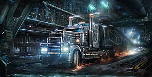 gray freight truck digital wallpaper, cyberpunk, trucks, Kenworth, futuristic