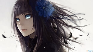 girl with blue flower on ears animated character HD wallpaper