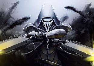 masked character holding two blades digital wallpaper