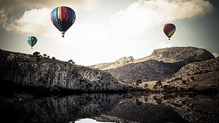 red and blue hot air balloon, nature, landscape, lake, reflection HD wallpaper