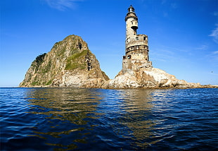 white lighthouse, nature, cliff, sea, light house