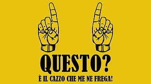 questo? poster, hands, fingers, yellow background, typography
