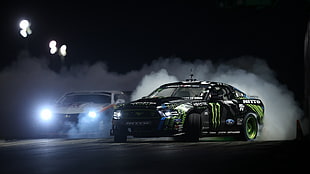 black and green stock car, Ford Mustang, Chevrolet Camaro, drift, Monster Energy HD wallpaper