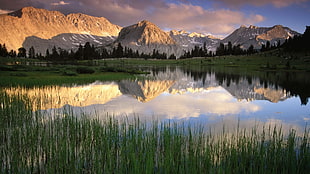 rock mountain reflecting on water HD wallpaper