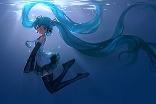 blue haired anime girl character illustration
