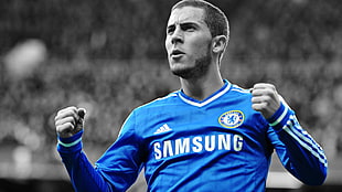 men's blue long-sleeved jersey shirt, Eden Hazard, Chelsea FC, selective coloring, men