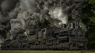 black and gray locomotive train in motion HD wallpaper