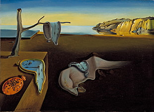 analog clock on seashore painting, painting, Salvador Dalí, surreal, classic art