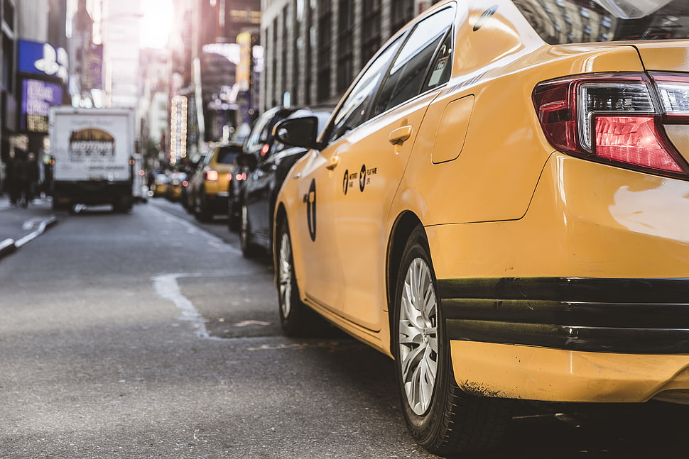 yellow sedan, Auto, Rear view, Headlight HD wallpaper