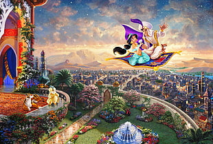 Alladin and Princess Jasmine riding on a carpet illustration HD wallpaper