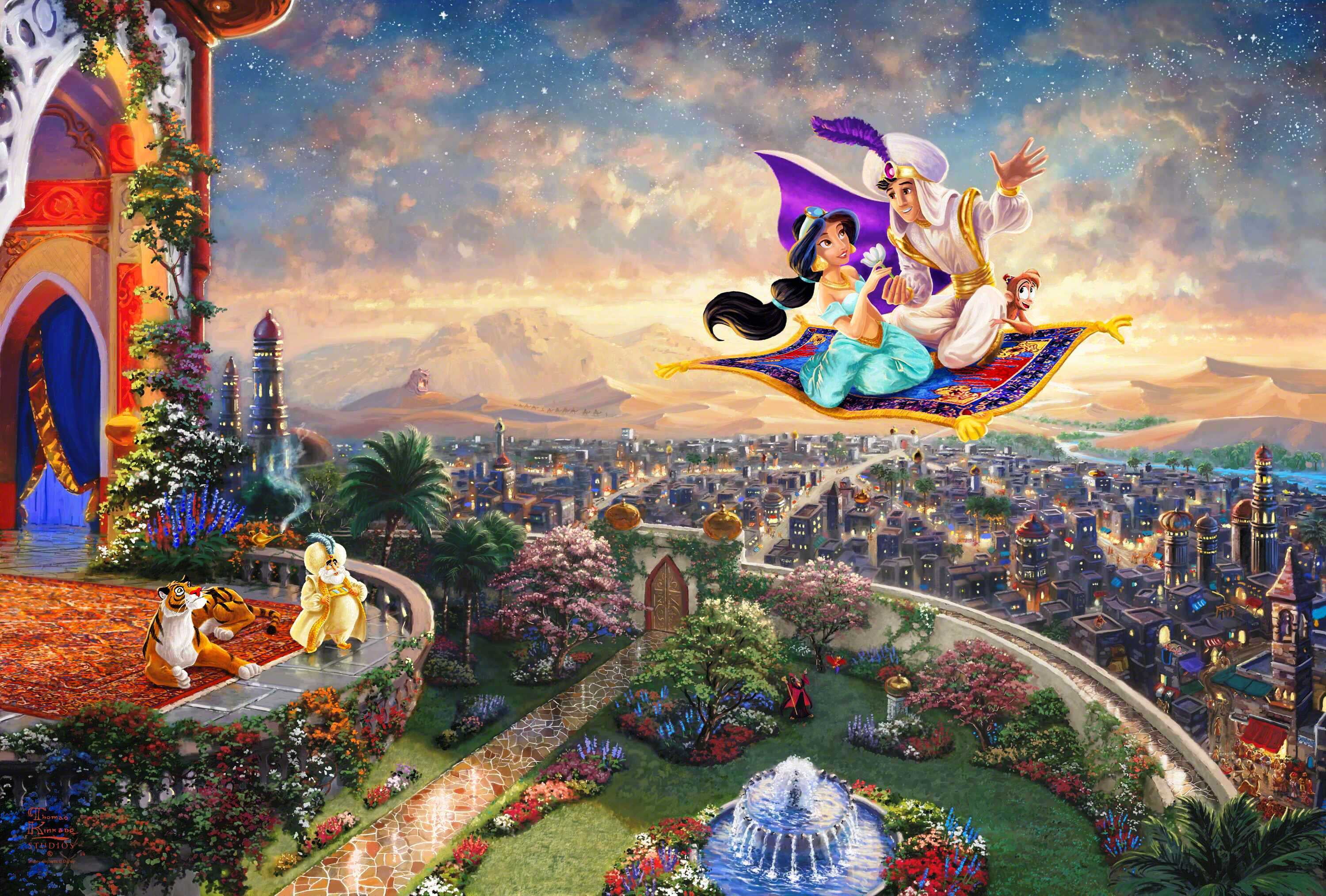 Alladin and Princess Jasmine riding on a carpet illustration