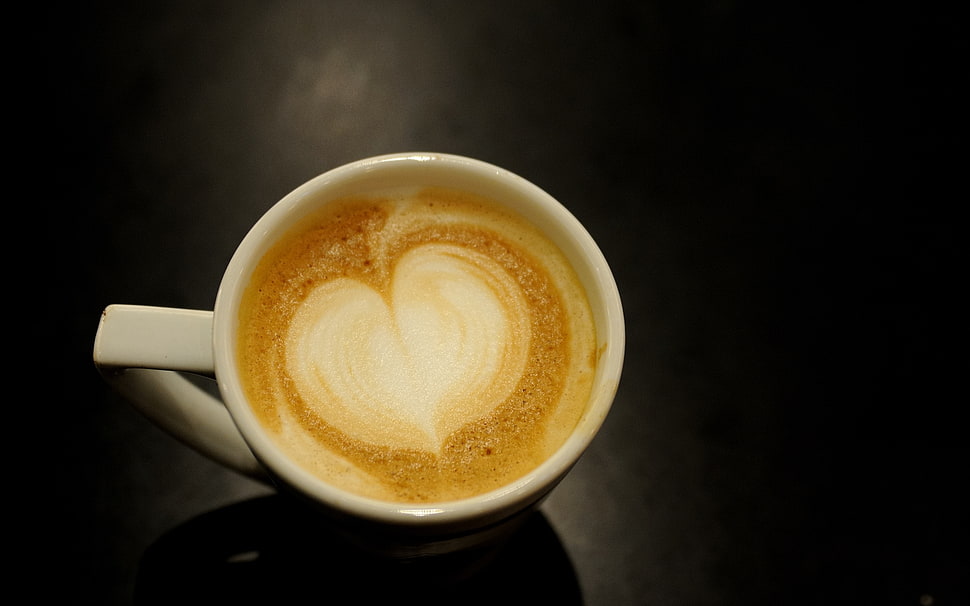 liquid filled white ceramic cup with heart artwork HD wallpaper