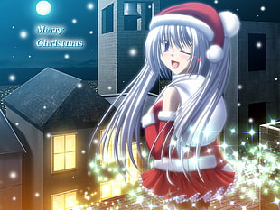 female anime character in Santa costume illustration HD wallpaper