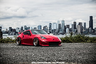red Nissan 370z coupe, Nissan, Nissan 350Z, Stance, Stanceworks HD wallpaper