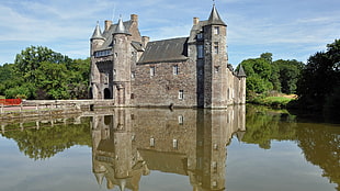 brown and white concrete building, reflection, France, castle, water