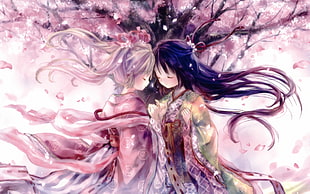 two female anime character wallpaper, cherry trees, cherry blossom, original characters, kimono