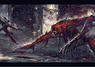 red monster painting, creature, sword, weapon, pistol