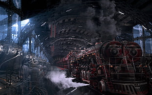 black and red train poster, fantasy art, digital art, train station, steam locomotive