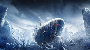 blue and white ship surrounded with icebergs digital wallpaper