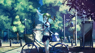 green-haired anime girl student holding a bicycle