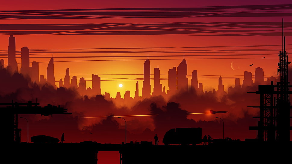 silhouette photo of city under golden hour, digital art, city, building, sunset HD wallpaper