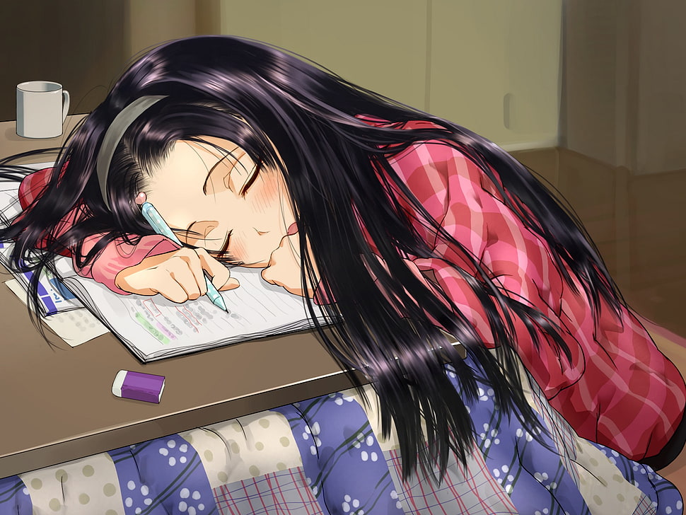 female sleeping character whilst studying HD wallpaper