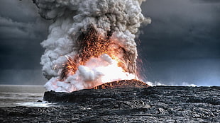 volcano eruption, nature, landscape, water, sea