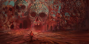 person in orange hoodie illustration, skull, cave, fantasy art, artwork