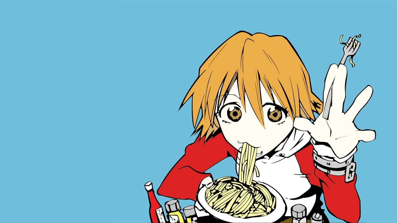 yellow haired male character illustration, Haruhara Haruko, FLCL, anime, noodles