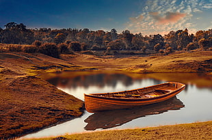 brown wooden framed brown wooden table, boat, nature, landscape HD wallpaper