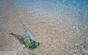 clear glass bottle on sea shore HD wallpaper
