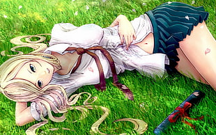 girl laying on grass field anime illustration