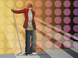 brown-haired male anime character in red jacket and blue pants HD wallpaper