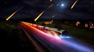 time lapse photography of train wallpaper, train, tracks, railway, meteors HD wallpaper