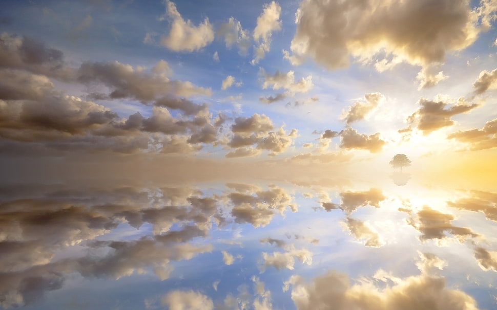 blue and white abstract painting, coast, clouds, reflection, sky HD wallpaper