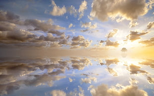 blue and white abstract painting, coast, clouds, reflection, sky