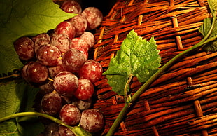 brown grapes near brown wicker basket