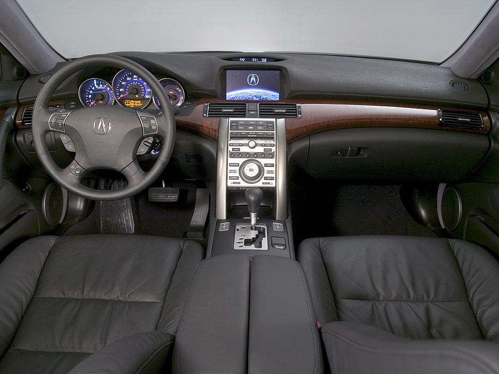 black Acura car steering wheel with grey center console and black dashboard HD wallpaper
