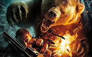 brown bear and man catching revolver