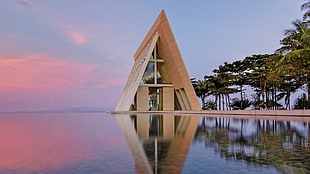white concrete house, nature, sunset, sea, water