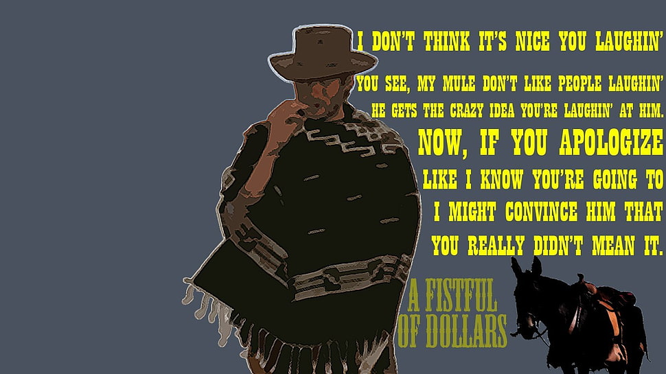 cowboy illustration with texts, Clint Eastwood, Man with No Name, mules, Sergio Leone HD wallpaper