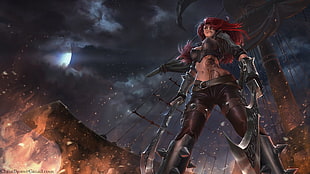 female anime character with red hair holding swords