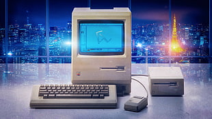 gray monitor, keyboard, and computer mouse, vaporwave, Macintosh, Tokyo Tower, Tokyo