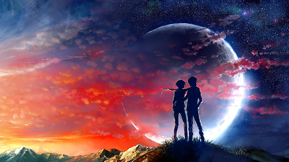 two cartoon character digital wallpaper, Moon, sky, sunset HD wallpaper