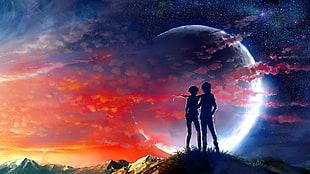 two cartoon character digital wallpaper, Moon, sky, sunset