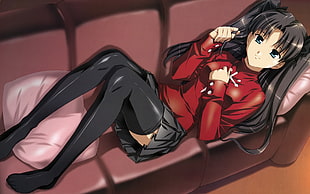 female anime character in red top lying down on sofa HD wallpaper