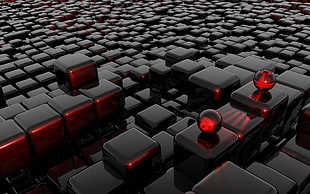 two red ball on cube field digital wallpaper, cube, render, balls, sphere HD wallpaper