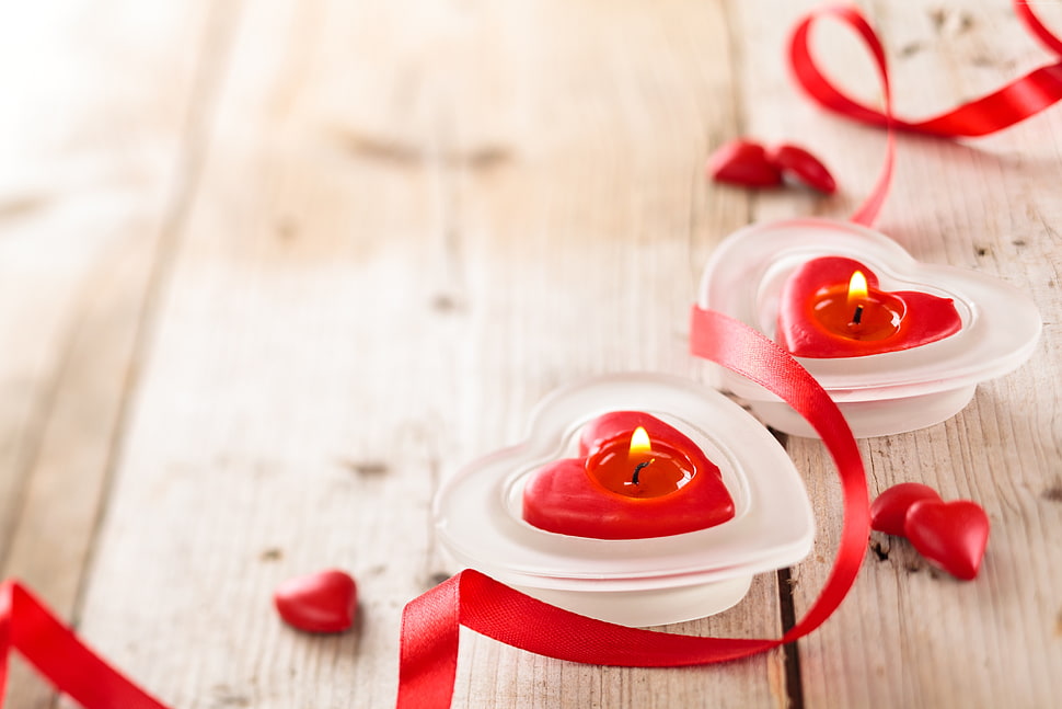 red heart-shaped tealight candles HD wallpaper