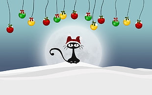 cat on snow under baubles illustration, cat, Christmas, Christmas ornaments , Santa hats