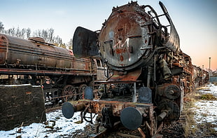 brown and black metal machine, train, wreck, vehicle, abandoned